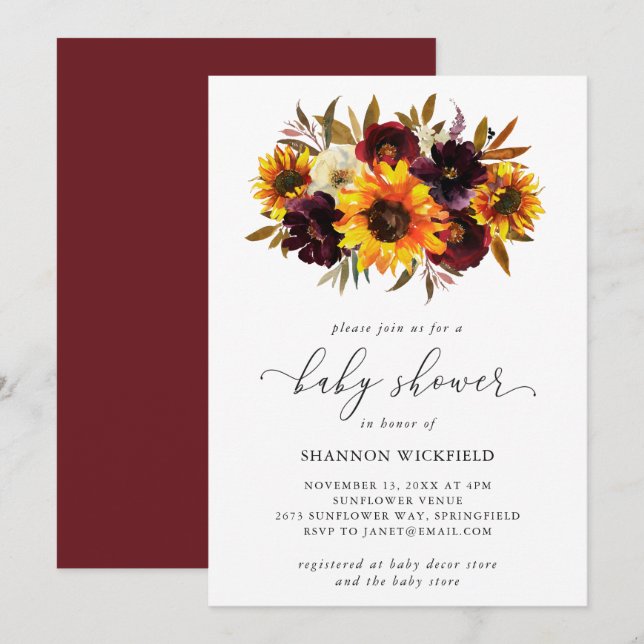 Sunflower Roses Red Purple Rustic Fall Baby Shower Invitation (Front/Back)