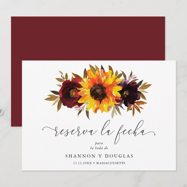 Sunflower Roses Red Purple Rustic Fall Spanish Save The Date (Front/Back)