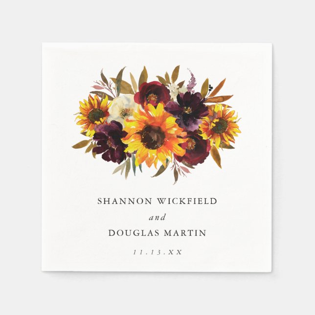 Sunflower Roses Red Purple Rustic Fall Wedding Napkin (Front)