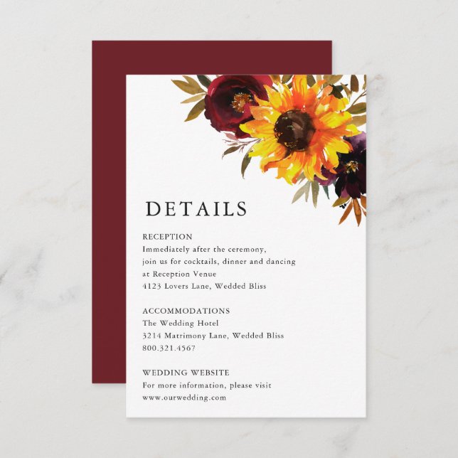 Sunflower Roses Red Purple Rustic Wedding Details Enclosure Card (Front/Back)