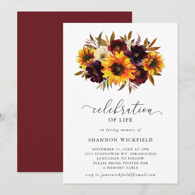 Sunflower Roses Rustic Fall Celebration of Life Invitation (Front/Back)