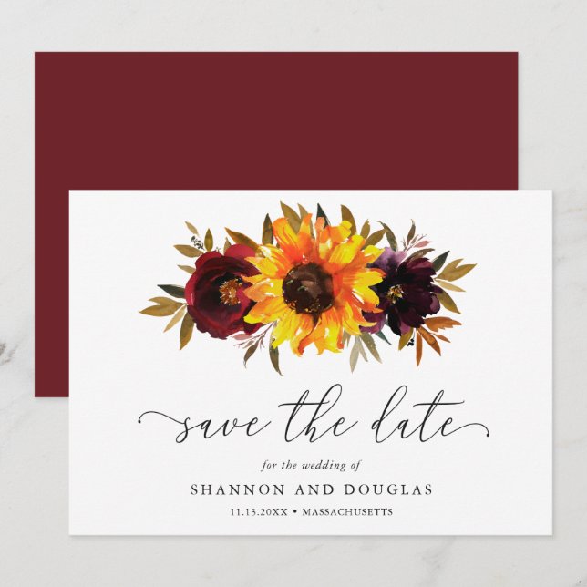 Sunflower Roses Rustic Fall Floral Elegant Wedding Save The Date (Front/Back)