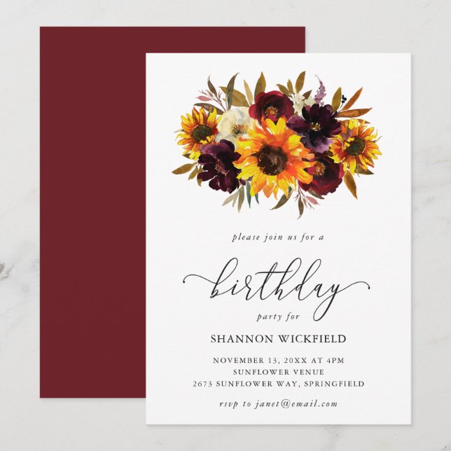 Sunflower Roses Rustic Fall Woman Birthday Party Invitation (Front/Back)