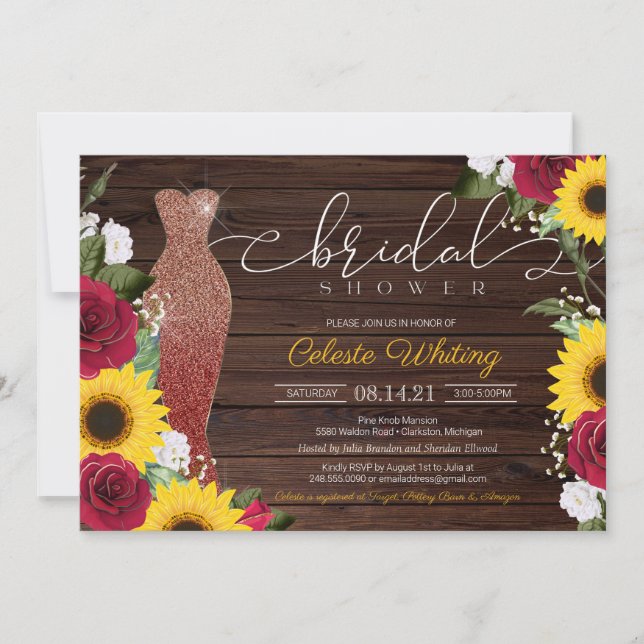 Sunflower Roses Rustic Glam Bridal Shower Dress Invitation (Front)