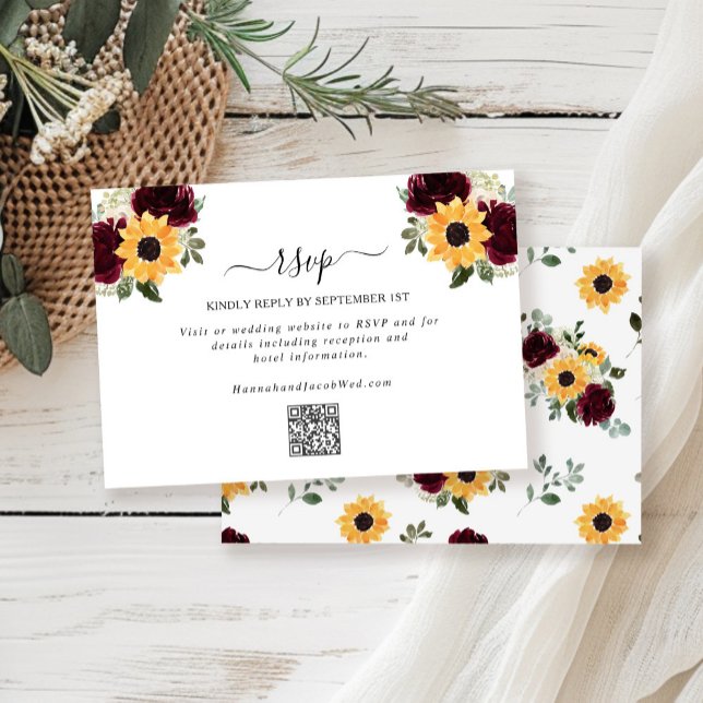 Sunflower Roses Rustic QR Code Wedding  RSVP Card (Creator Uploaded)