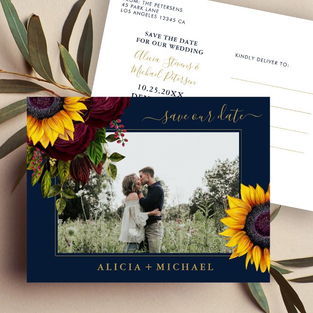 Sunflower roses rustic script save date wedding announcement postcard (Creator Uploaded)