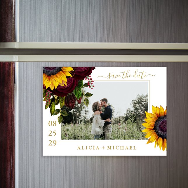 Sunflower roses rustic script save date wedding magnetic invitation (Creator Uploaded)