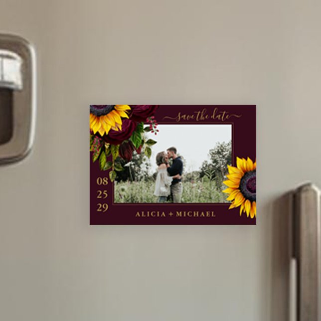 Sunflower roses rustic script save date wedding magnetic invitation (Creator Uploaded)