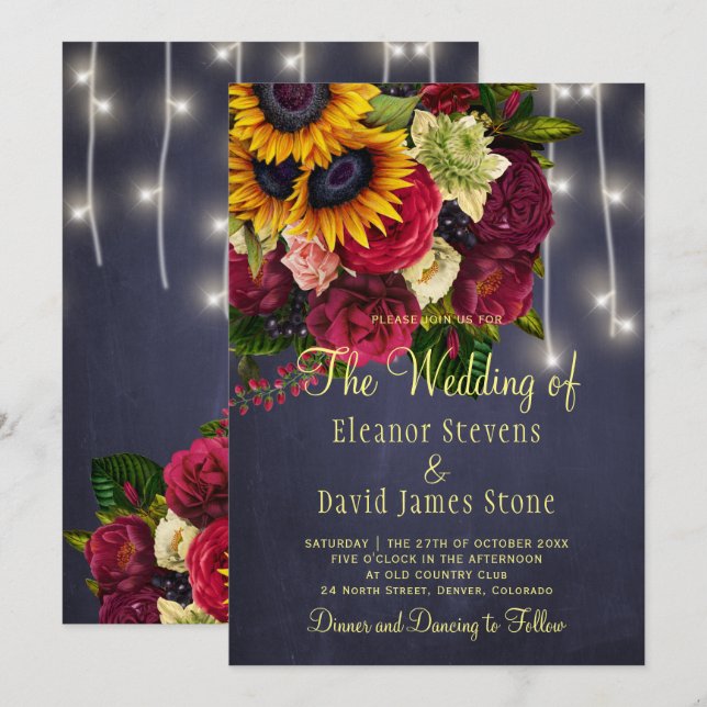 Sunflower roses rustic winter lights navy wedding invitation (Front/Back)