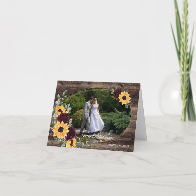 Sunflower Roses Rustic Wood Wedding Photo Thank You Card (Front)