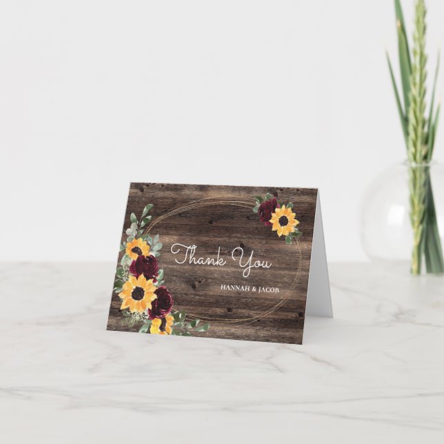 Sunflower Roses Rustic Wood Wedding Thank You Card (Front)