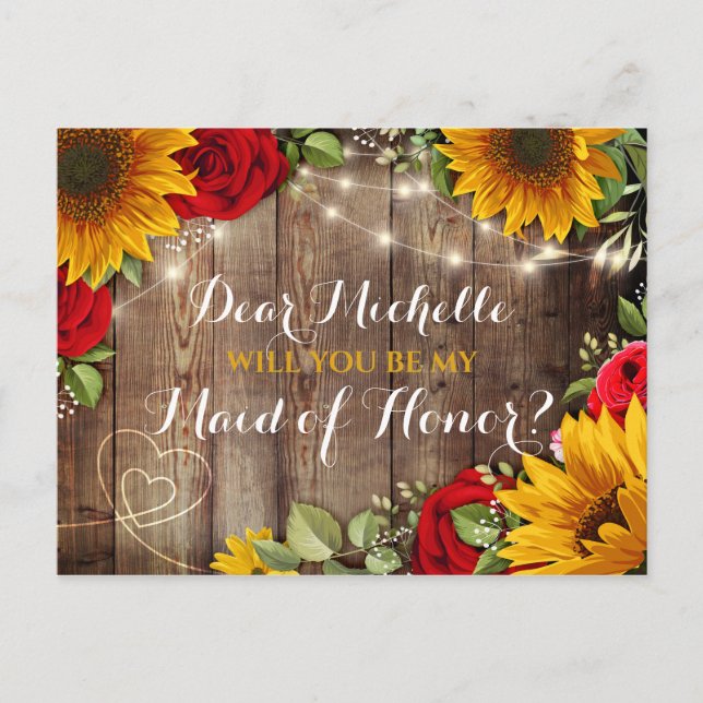 Sunflower & Roses Will You Be My Maid of Honour Announcement Postcard (Front)