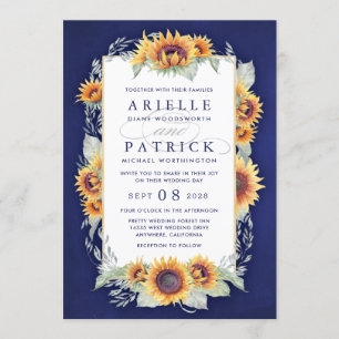 Sunflower Royal Blue Rustic Wedding Invitations