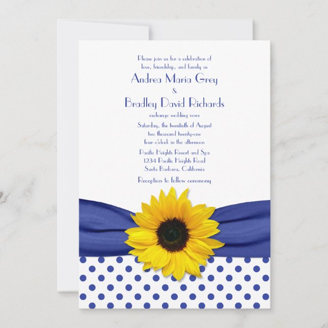 Sunflower Royal Blue White Polka Dot Wedding Invitation (Front)