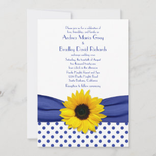 Sunflower Royal Blue White Polka Dot Wedding Invitation