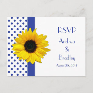 Sunflower Royal Blue White Polka Dot Wedding RSVP Invitation Postcard