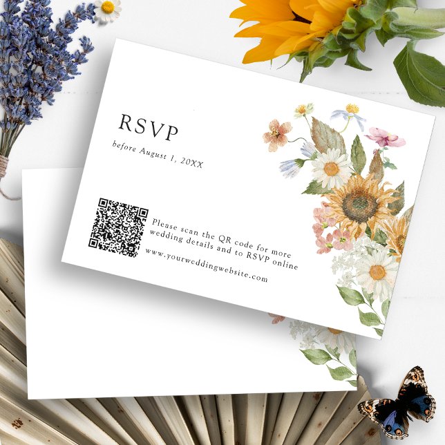 Sunflower RSVP QR Code Card (Boho Wildflower Sunflower Watercolor Floral RSVP Card QR Code by Painted Paperie
)