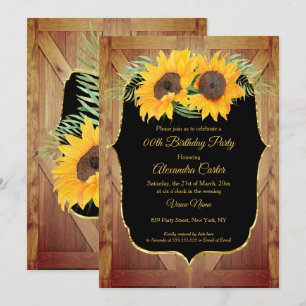 Sunflower rustic barn door Black gold party Invitation