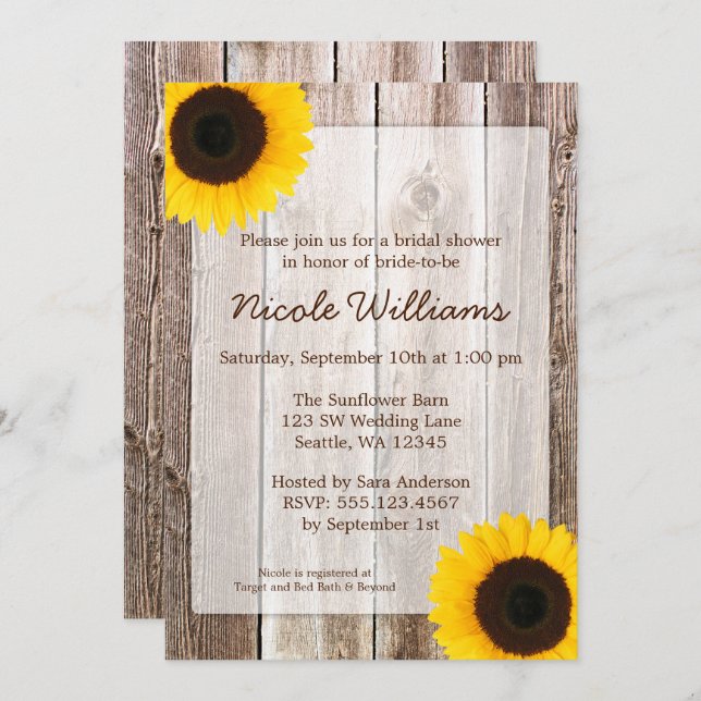 Sunflower Rustic Barn Wood Bridal Shower Invitation (Front/Back)