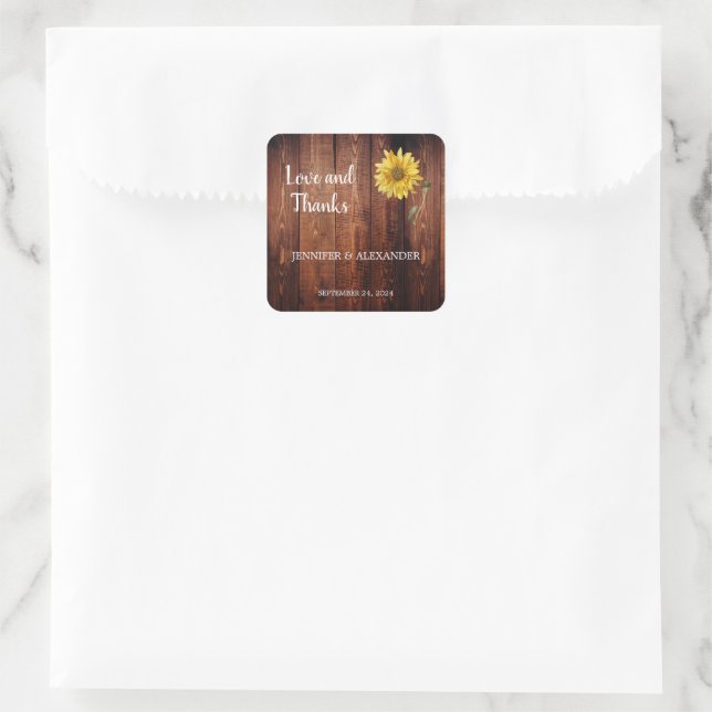 Sunflower rustic barn wood Love and Thanks Wedding Square Sticker (Bag)