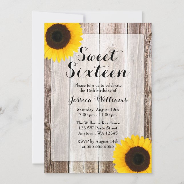 Sunflower Rustic Barn Wood Sweet 16 Invitation (Front)