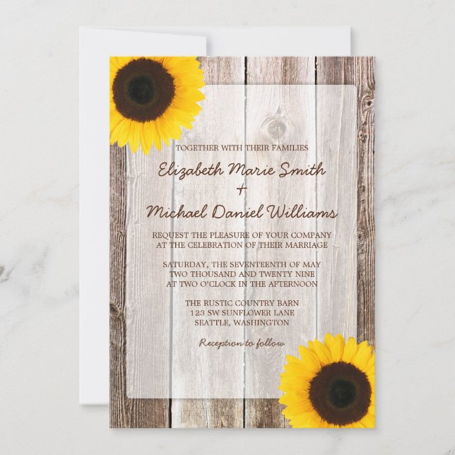 Sunflower Rustic Barn Wood Wedding Invitation (Front)