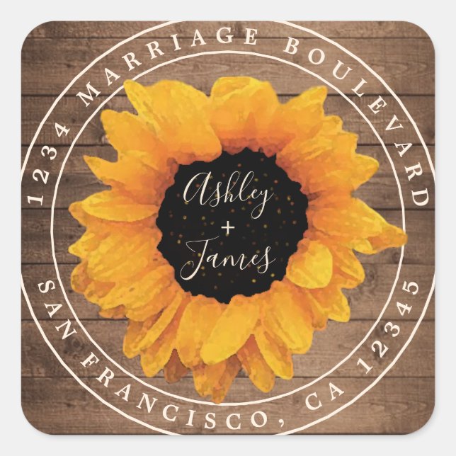 Sunflower Rustic Barn Wood Wedding Return Address Square Sticker (Front)