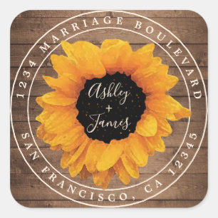 Sunflower Rustic Barn Wood Wedding Return Address Square Sticker