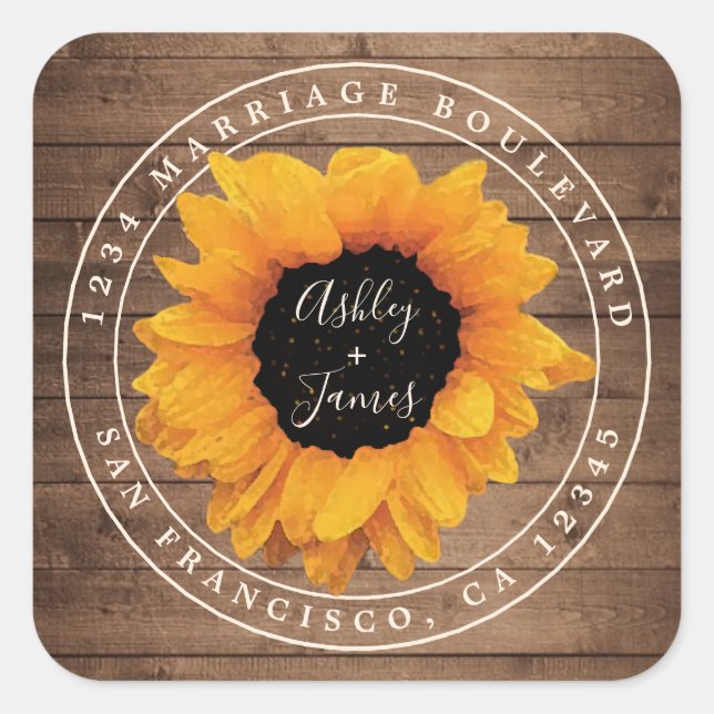 Sunflower Rustic Barn Wood Wedding Return Address Square Sticker (Front)