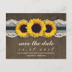 Sunflower Rustic Blue Burlap Save The Date Cards