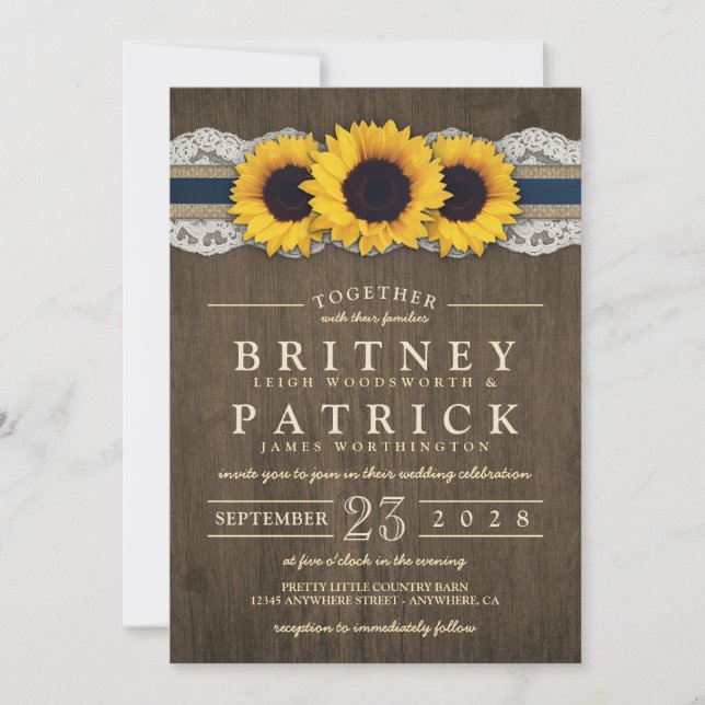 Sunflower Rustic Blue Burlap Wedding Invitations (Front)
