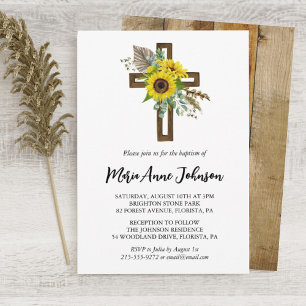Sunflower Rustic Boho Wooden Cross Baptism Invitation