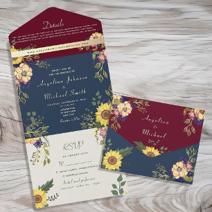 Sunflower Rustic Burgundy and Navy Blue Wedding All In One Invitation