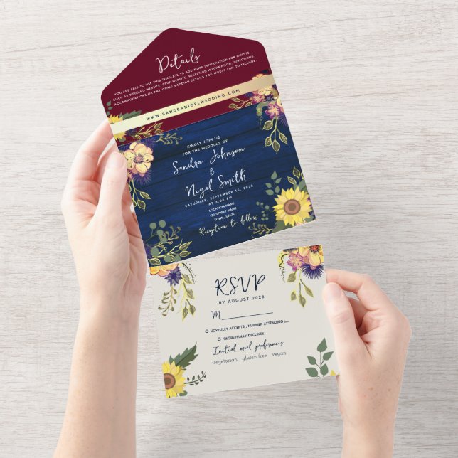 Sunflower Rustic Burgundy Navy Blue Wedding All In One Invitation (Tearaway)
