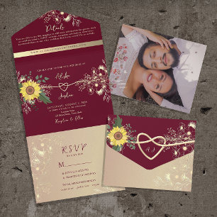 Sunflower Rustic Burgundy Wedding All In One Invitation