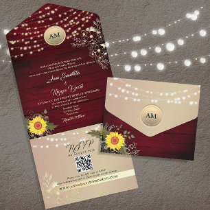 Sunflower Rustic Burgundy Wedding QR Code All In One Invitation