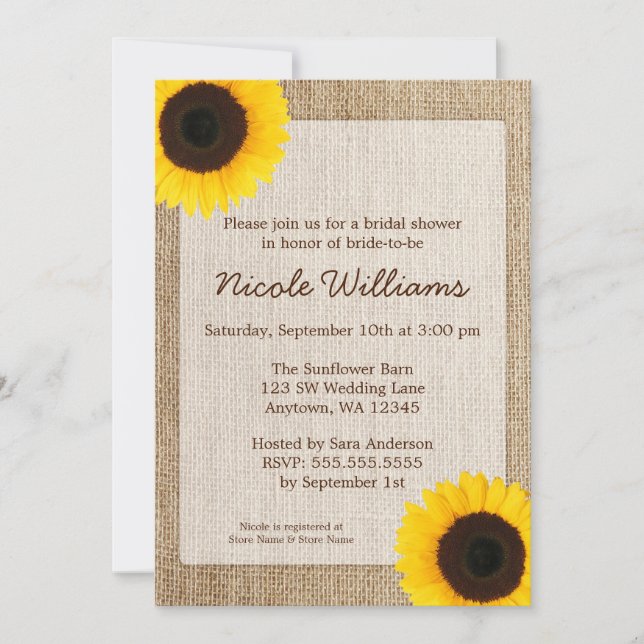 Sunflower Rustic Burlap Bridal Shower Invitation (Front)