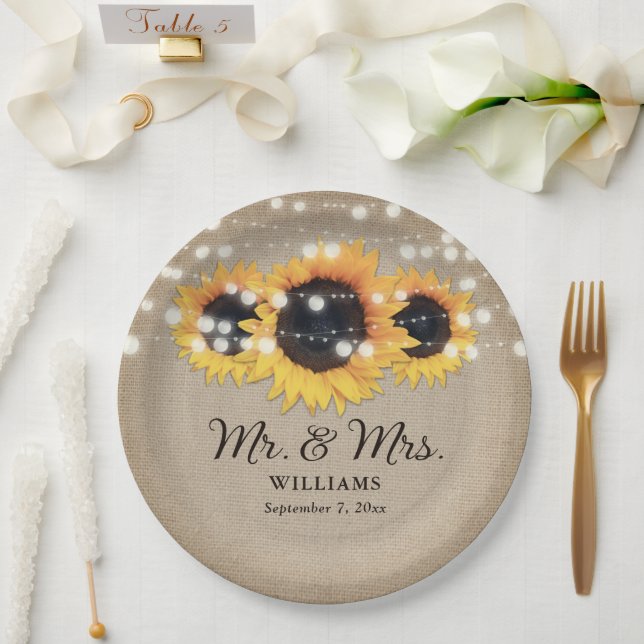 Sunflower Rustic Burlap String Lights Wedding Paper Plate (Wedding)
