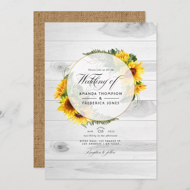 Sunflower Rustic Country Barn QR Code RSVP Wedding Invitation (Front/Back)