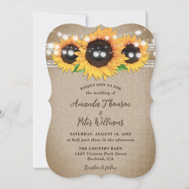 Sunflower Rustic Country Burlap Lace Wedding Invitation (Front)
