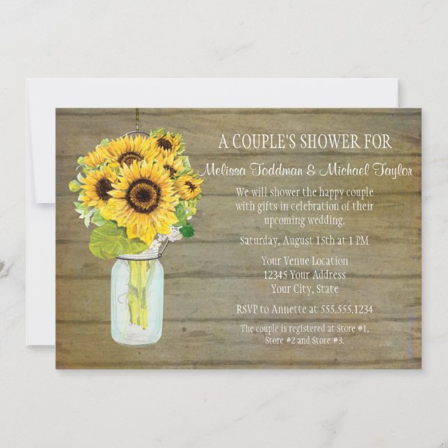 Sunflower Rustic Country Mason Jar Flowers Bridal Invitation (Front)
