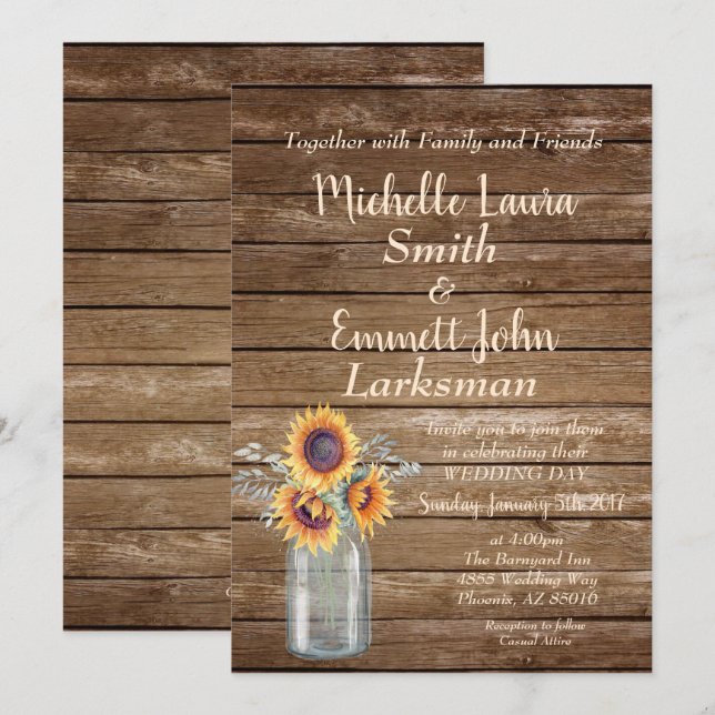 Sunflower Rustic Country Wood Barnyard Mason Jar Invitation (Front/Back)