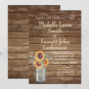 Sunflower Rustic Country Wood Barnyard Mason Jar Invitation