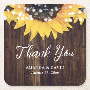 Sunflower Rustic Country Wood Wedding Favour Square Paper Coaster