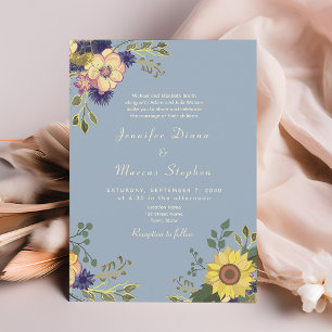 Sunflower Rustic Dusty Blue Wedding QR Code Invitation