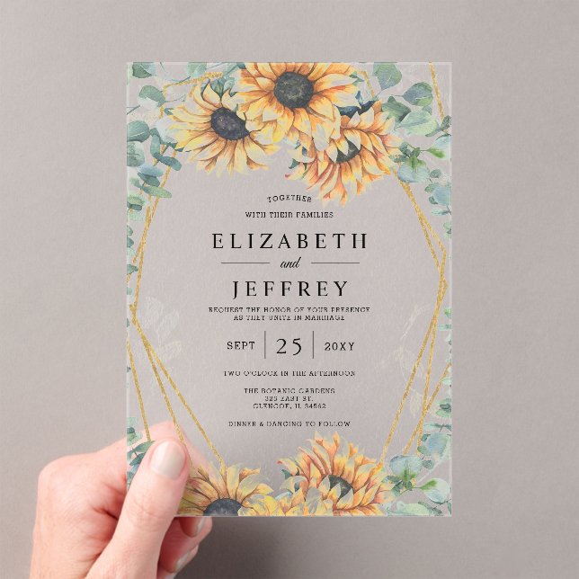 Sunflower Rustic Elegant Geometric Gold Wedding Acrylic Invitations (Insitu (Handheld))