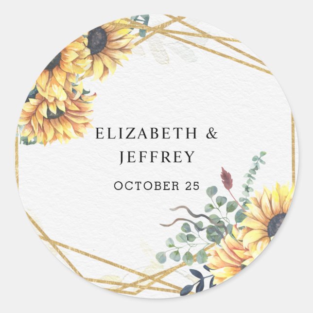 Sunflower Rustic Elegant Geometric Gold Wedding  Classic Round Sticker (Front)