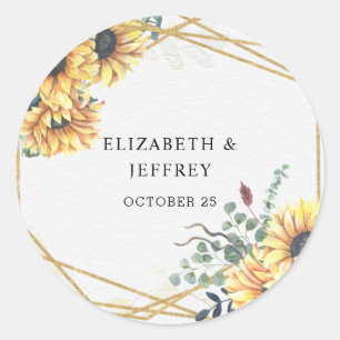 Sunflower Rustic Elegant Geometric Gold Wedding  Classic Round Sticker