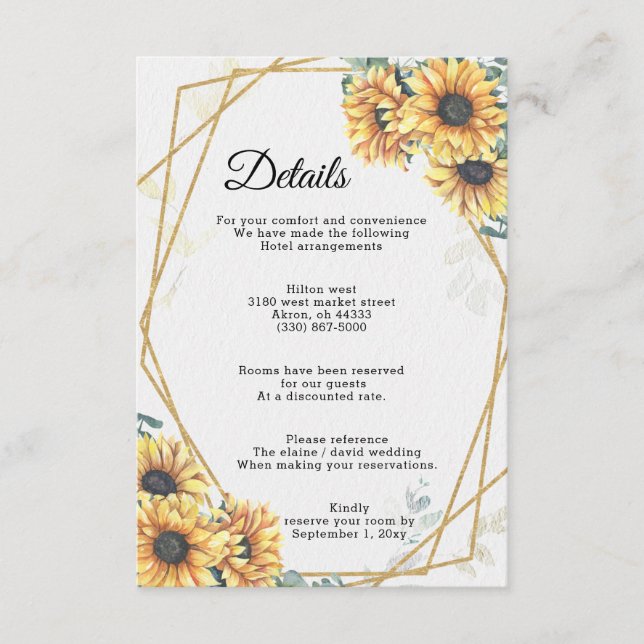 Sunflower Rustic Elegant Geometric Gold Wedding  Enclosure Card (Front)