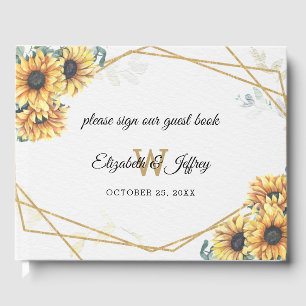 Sunflower Rustic Elegant Geometric Gold Wedding  Guest Book